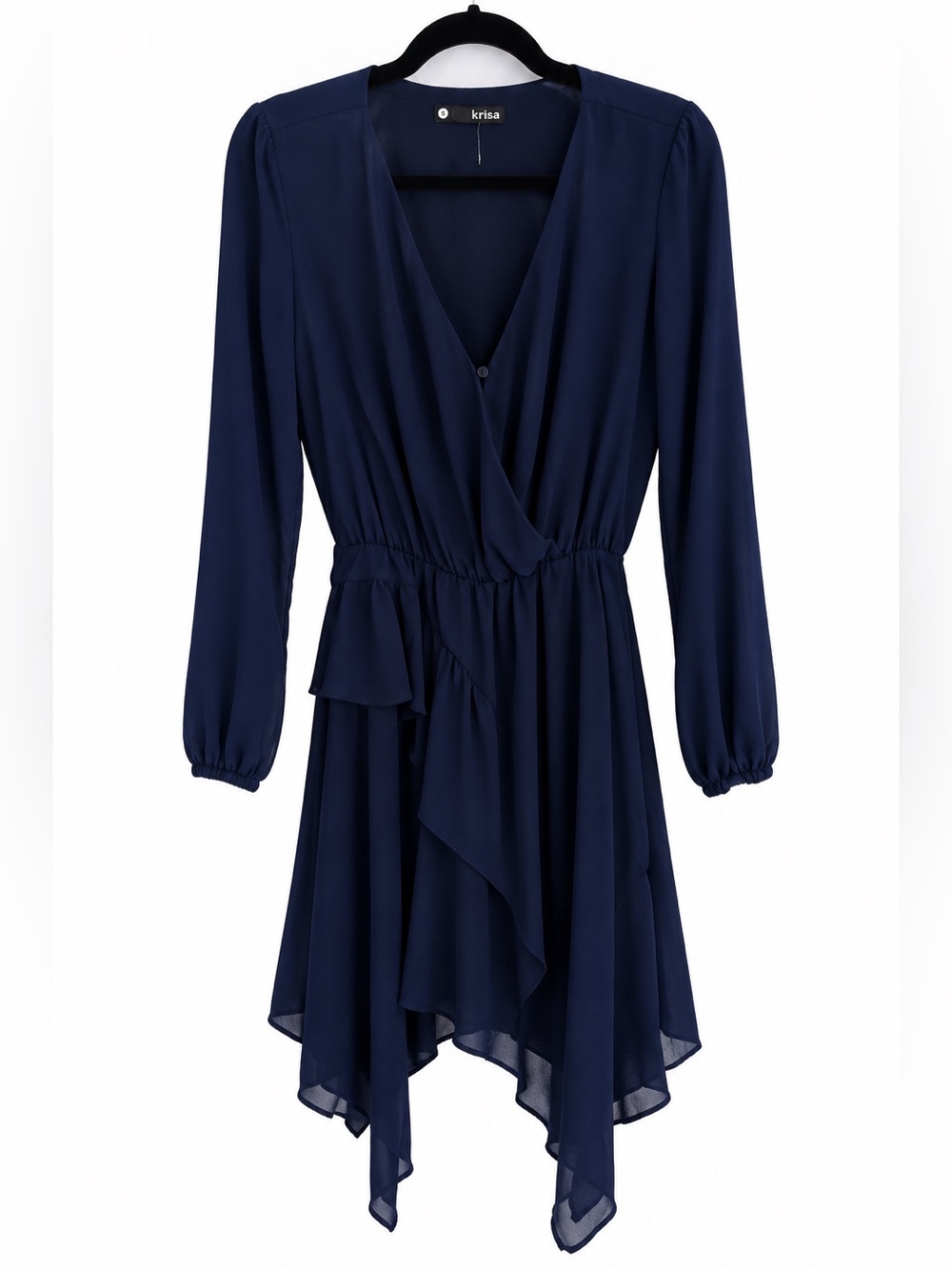 Krisa Navy Handkerchief Hem Surplice Long Sleeve Dress S